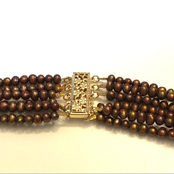 6 Row Genuine Cultured Golden Pearl Necklace with Pave Bee - Picture 10 of 11